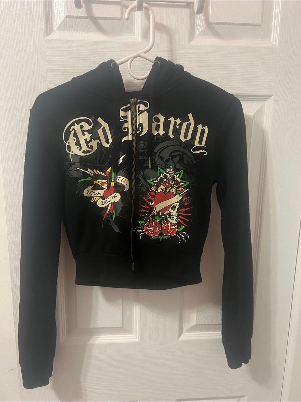 Ed Hardy Black Zip-Up Hoodie with Red and Green Tattoo Graphics